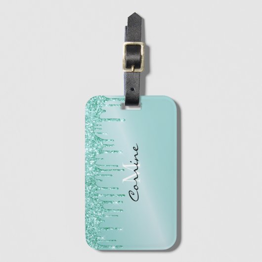 Monogram metaal Aqua Blue Driving Glitter Icing Bagagelabel (Voorkant (verticaal))
