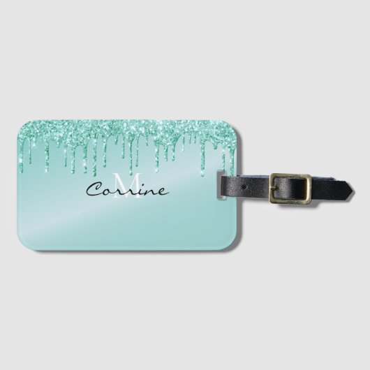 Monogram metaal Aqua Blue Driving Glitter Icing Bagagelabel (Voorkant (horizontaal))