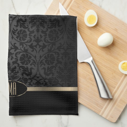 Monogram metaal goud en Floral Damask Theedoek (Quarter Fold)