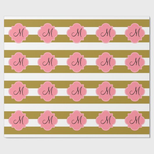 Monogram metaal goud en roze gestreepte patroon cadeaupapier (Vlak)