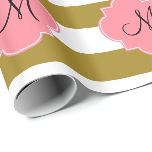 Monogram metaal goud en roze gestreepte patroon cadeaupapier (Rol Hoek)