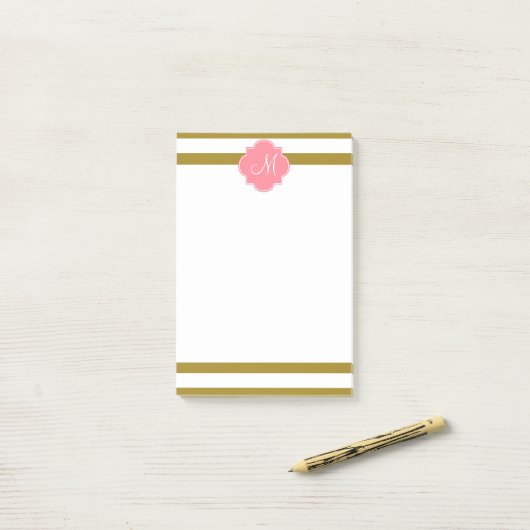 Monogram metaal goud en roze gestreepte patroon post-it® notes (Op bureau)