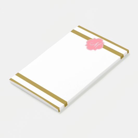 Monogram metaal goud en roze gestreepte patroon post-it® notes (Schuin)