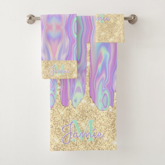 Monogram metaal goud glitter Drip & Iridescent Bad Handdoek (Insitu)