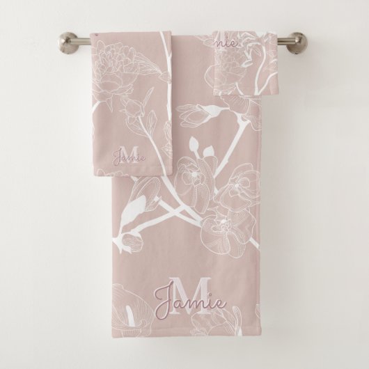 Monogram metaal Roos Glitter & Mauve Floral Bad Handdoek (Insitu)