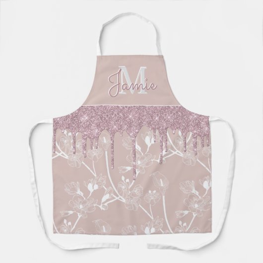 Monogram metaal Roos Glitter & Mauve Floral Schort (Voorkant)