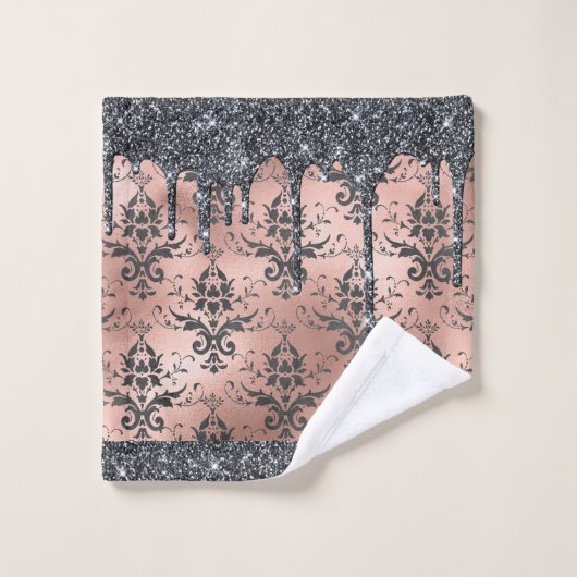 Monogram metaal Roos Gold en zwarte glitter Damask Bad Handdoek (Wasdoekje)
