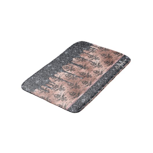 Monogram metaal Roos Gold en zwarte glitter Damask Badmat (Gekanteld)