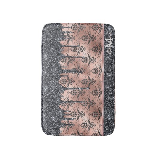 Monogram metaal Roos Gold en zwarte glitter Damask Badmat (Voorkant Verticaal)