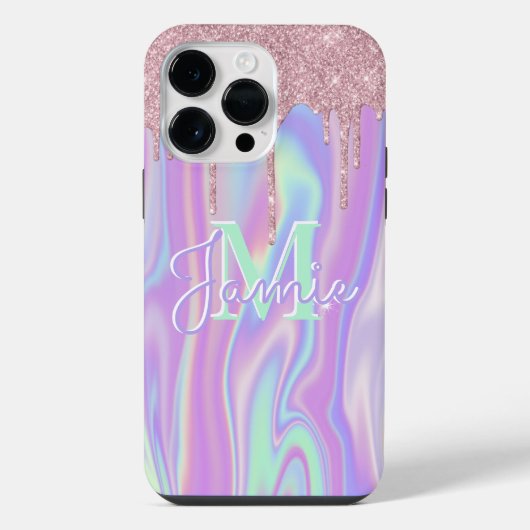 Monogram metaal Roos Gold Glitter & Iridescent iPhone Hoesje (Achterkant)