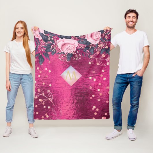 Monogram Metaal Roze Goud Navy Glitters Meisjesach Fleece Deken (In situ)