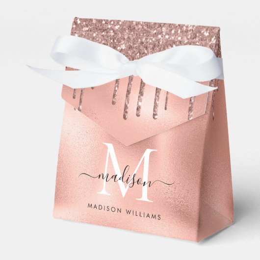 Monogram Metaal Roze Goud Roze Glitter Druppels Bedankdoosjes (Voorkant Zijde)