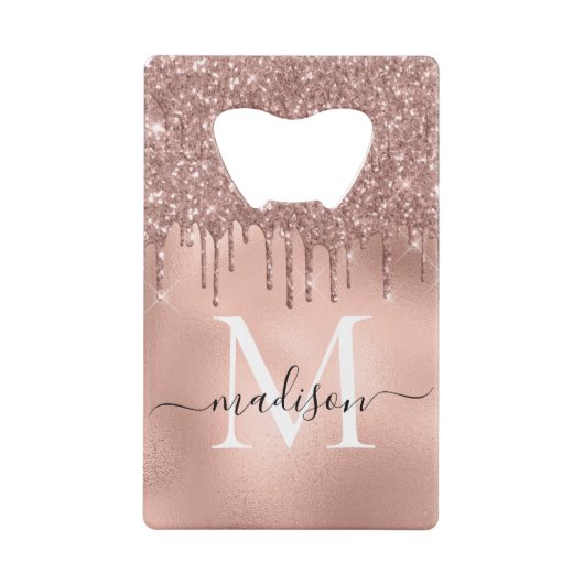 Monogram Metaal Roze Goud Roze Glitter Druppels Creditkaart Flessenopener (Achterkant)