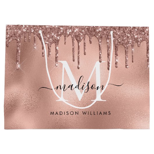 Monogram Metaal Roze Goud Roze Glitter Druppels Groot Cadeauzakje (Achterkant)