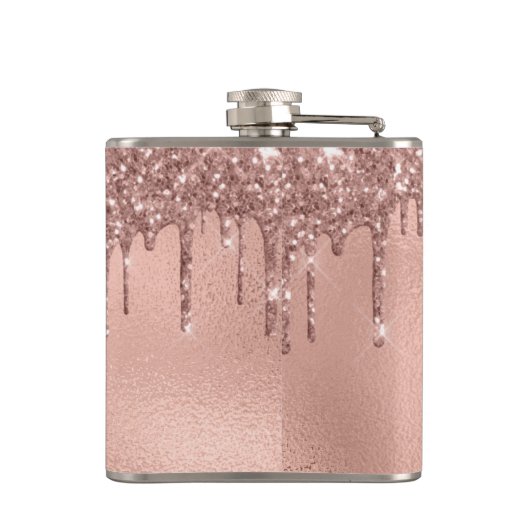 Monogram Metaal Roze Goud Roze Glitter Druppels Heupfles (Achterkant)