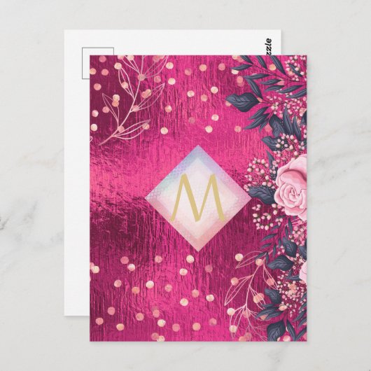 Monogram Metaal Roze Roségoud Marine Glitter Meisj Briefkaart (Voorkant / Achterkant)