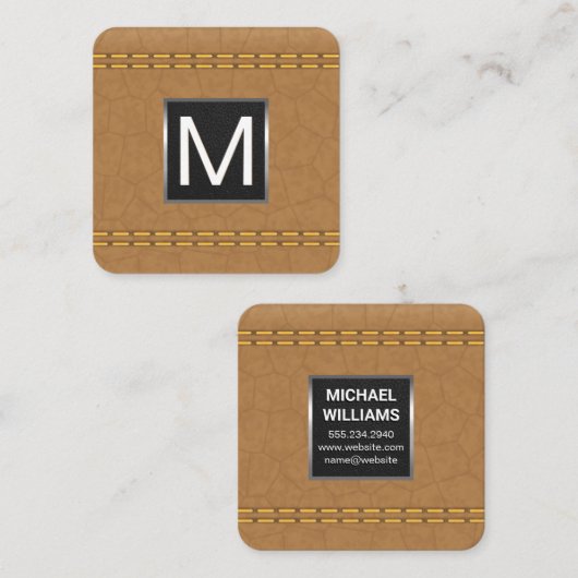 Monogram metaal Trim | Dubbel gelabeld tin-leder Vierkante Visitekaartje (Voorkant / Achterkant)