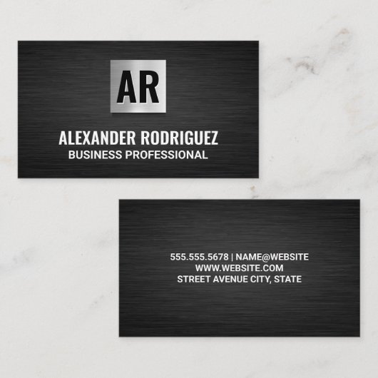 Monogram | Metaal vierkant | Zwarte textuur Visitekaartje (Voorkant / Achterkant)