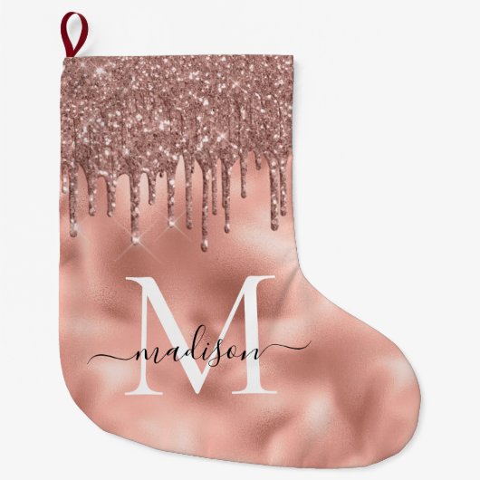 Monogram Metaalachtig Roos Gold Roze Glitter Drive Grote Kerstsok (Voorkant)