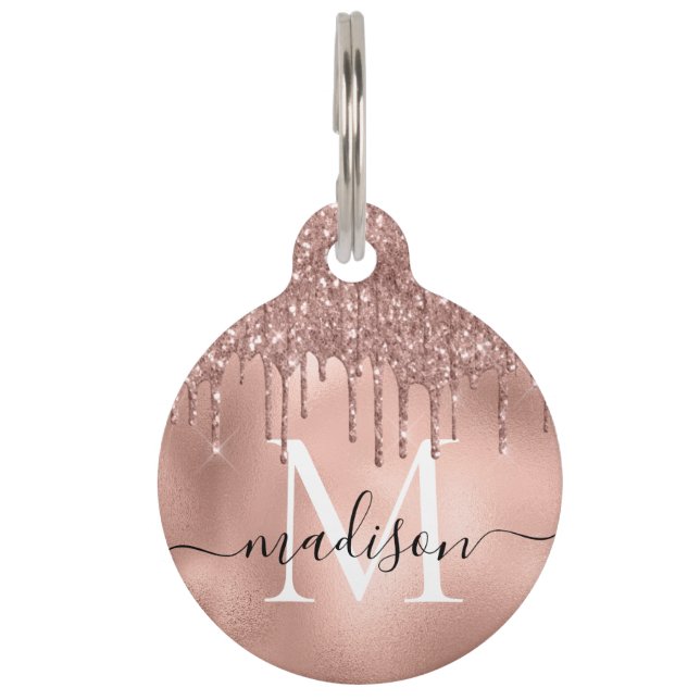 Monogram Metaalachtig Roos Gold Roze Glitter Drive Huisdierpenning (Voorkant)