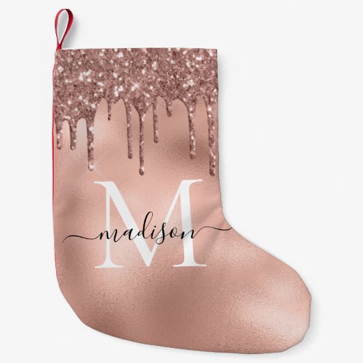 Monogram Metaalachtig Roos Gold Roze Glitter Drive Kleine Kerstsok (Voorkant)