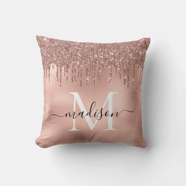 Monogram Metaalachtig Roos Gold Roze Glitter Drive Kussen (Voorkant)