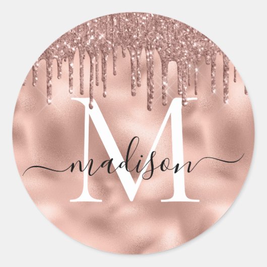 Monogram Metaalachtig Roos Gold Roze Glitter Drive Ronde Sticker (Voorkant)