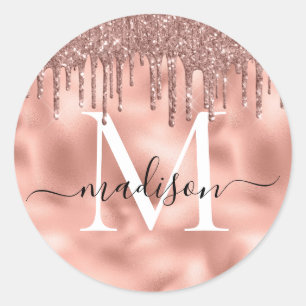 Monogram Metaalachtig Roos Gold Roze Glitter Drive Ronde Sticker
