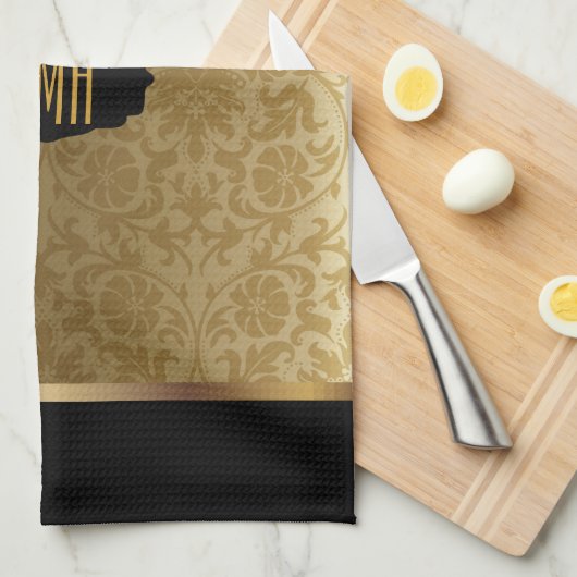 Monogram Metaalgoud en Floral Damask Pattern Theedoek (Quarter Fold)