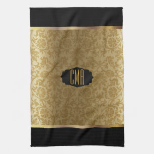 Monogram Metaalgoud en Floral Damask Pattern Theedoek