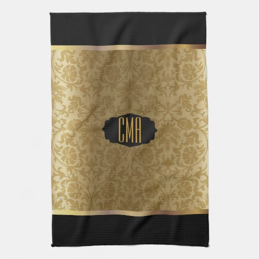 Monogram Metaalgoud en Floral Damask Pattern Theedoek (Verticaal)