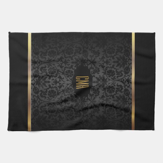 Monogram Metaalgoud en Floral Damask Pattern Theedoek (Horizontaal)