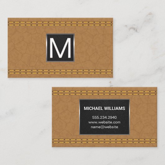 Monogram metalen rand | Dubbel gestikte bruine lee Visitekaartje (Voorkant / Achterkant)