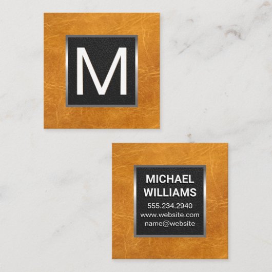 Monogram metalen trim | bruin leder vierkante visitekaartje (Voorkant / Achterkant)