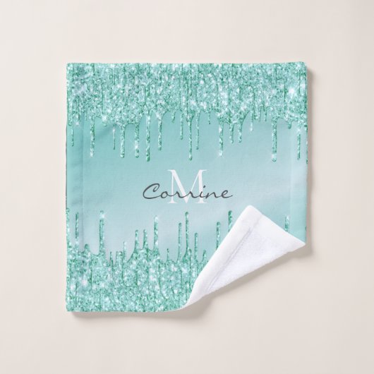 Monogram Metallic Aqua Blue Dripping Glitter Bad Handdoek (Wasdoekje)