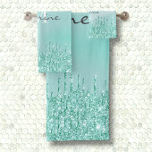 Monogram Metallic Aqua Blue Dripping Glitter Bad Handdoek