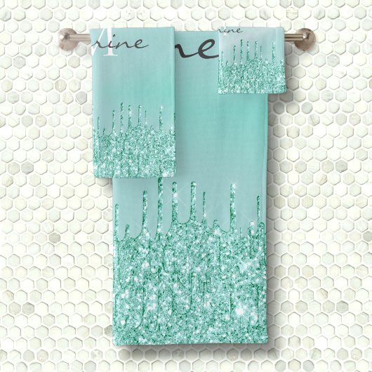 Monogram Metallic Aqua Blue Dripping Glitter Bad Handdoek