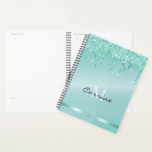 Monogram Metallic Aqua Blue Dripping Glitter dagel Planner (Display)