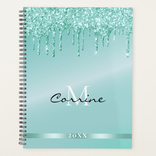 Monogram Metallic Aqua Blue Dripping Glitter dagel Planner (Voorkant)