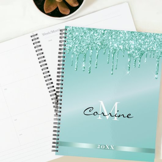 Monogram Metallic Aqua Blue Dripping Glitter dagel Planner