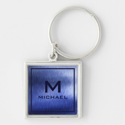 Monogram Metallic Blue getextureerde gepersonalise Sleutelhanger (Voorkant)