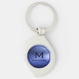 Monogram Metallic Blue getextureerde gepersonalise Sleutelhanger