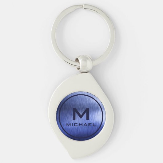 Monogram Metallic Blue getextureerde gepersonalise Sleutelhanger (Voorkant)