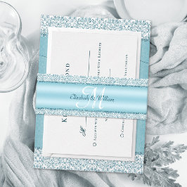 Monogram Metallic Blue Glitter Wedding Uitnodigingen Wikkel