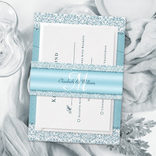 Monogram Metallic Blue Glitter Wedding Uitnodigingen Wikkel