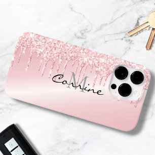 Monogram Metallic Blush Roze Dripping Glitter Case-Mate iPhone 14 Pro Max Hoesje