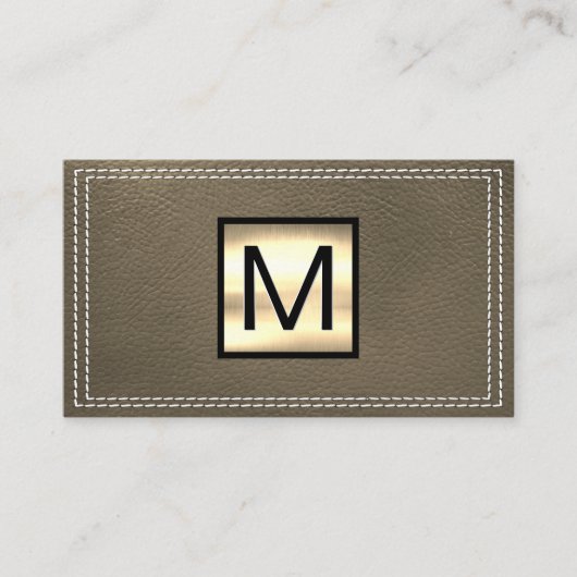 Monogram Metallic | Dubbel Gestikte Sepia Leer Visitekaartje (Voorkant)