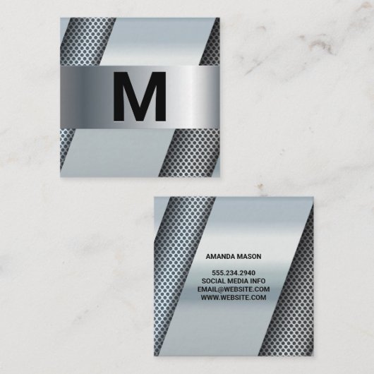 Monogram | Metallic Geperforeerde Achtergrond Vierkante Visitekaartje (Voorkant / Achterkant)