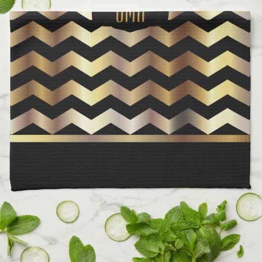 Monogram Metallic Gold & Black Stripe Chevron Theedoek (Gevouwen)