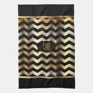 Monogram Metallic Gold & Black Stripe Chevron Theedoek